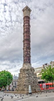 Istambul, Turkey – 07.13.2019. Column of Constantine in Istanbul on a cloudy summer morning