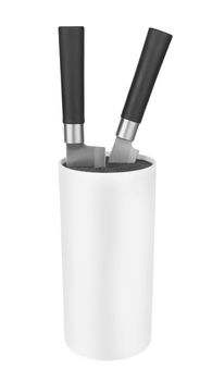 Kitchen knives in a white stand isolated on a white background