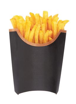 French fries in a black carton box isolated on white