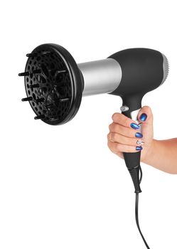 Hair dryer in hand isolated on white background