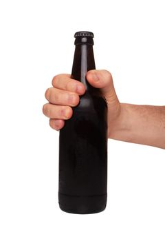 hand holding a beer bottle without label isolated on white background