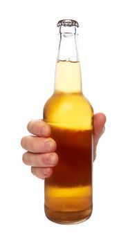 hand holding a beer bottle without label isolated on white background