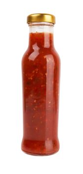 bottle of hot sauce is spilling liquid on white background
