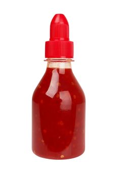 bottle of hot sauce is spilling liquid on white background