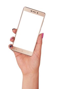 Woman hand holding a gold smartphone isolated on a white background