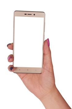 Woman hand holding a gold smartphone isolated on a white background