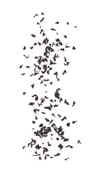 Falling dried tea leaves isolated on white background.