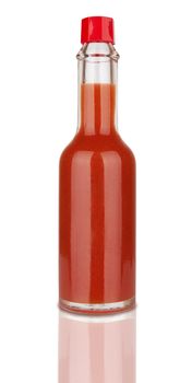 Bottle of spicy, red hot sauce isolated on white background