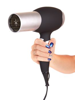 Hair dryer in hand isolated on white background