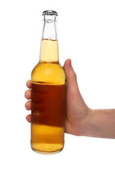 hand holding a beer bottle without label isolated on white background