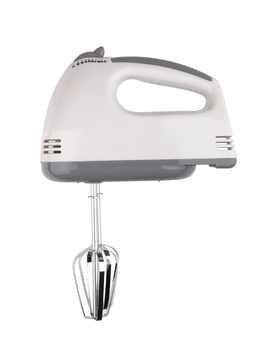 Electrical hand mixer and dishware isolated on a white