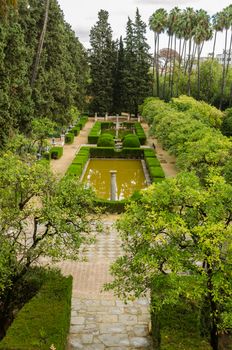 Green and full of vegetation gardens at Sevilla's Alcazar in Spain