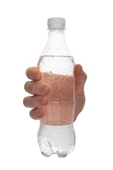 Man holding a bottle of water isolated on white background