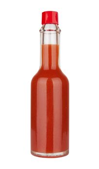 Bottle of spicy, red hot sauce isolated on white background