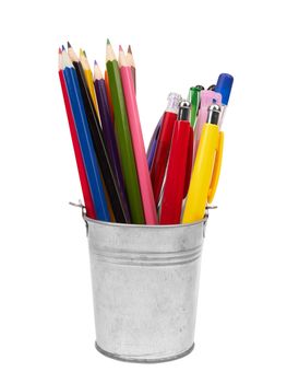 A set of colored pens in a bucket isolated on a white background