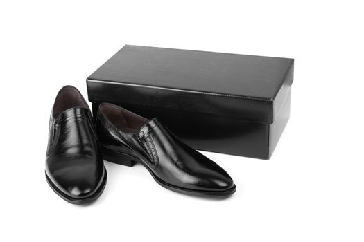 Black leather men shoes with box isolated on white background