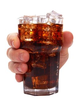 glass with cola in hand isolated on white background