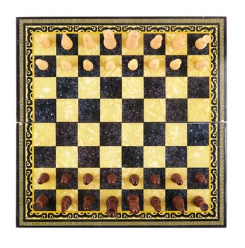 Chess board set up to begin a game. Isolated on white background
