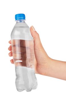 Woman's hand is holding a bottle of water isolated on white background 