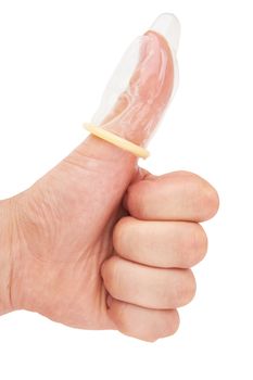 Thumb in condom isolated a white background