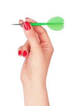 female hand holding a dart isolated on white background