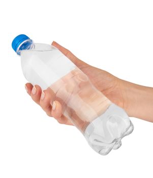 Woman holding a bottle of water isolated on white background