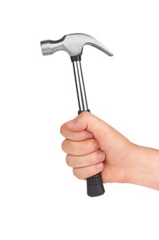 hand holding a steel hammer isolated on white background