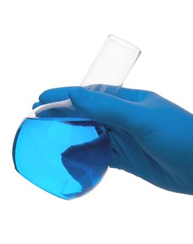 Scientist fingers holding a glass test tube in a research lab on white