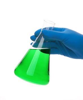 Scientist fingers holding a glass test tube in a research lab on white