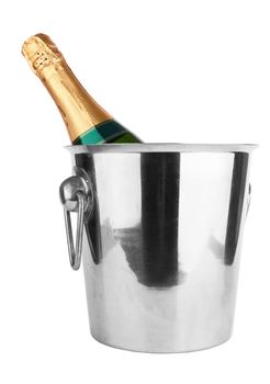 bottle of champagne in an ice bucket isolated on white