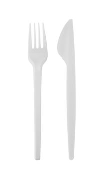 Plastic cutlery set with fork and knife on white