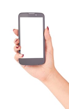 Touch screen mobile phone in hand isolated on white background 