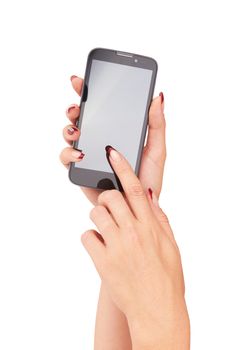 Touch screen mobile phone in hand isolated on white background