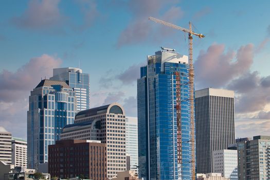 New modern skyscrapers and construction crane in Seattle on a clear blue sunny day