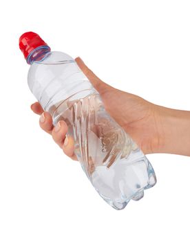 Woman holding a bottle of water isolated on white background 