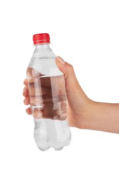 Woman holding a bottle of water isolated on white background 