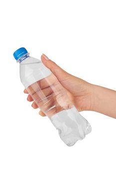 Woman holding a bottle of water isolated on white background