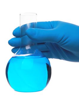 Scientist fingers holding a glass test tube in a research lab on white