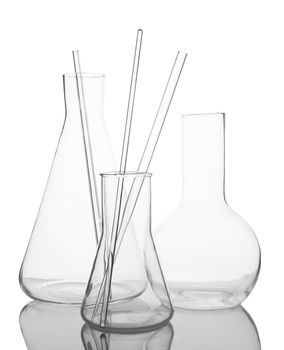 empty laboratory glassware with reflection isolated on white background