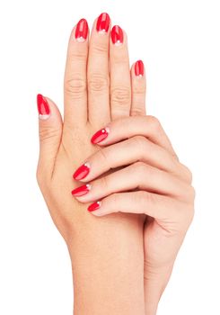 Hand with nail red manicure isolated on white background 