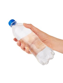 Hand holding a bottle of water isolated on white background 