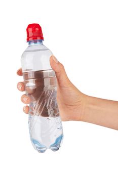 Man holding a bottle of water isolated on white background 