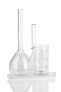 empty laboratory glassware with reflection isolated on white background 