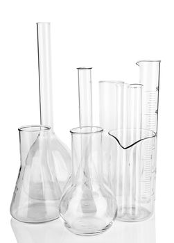 empty laboratory glassware with reflection isolated on white background