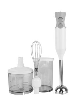 Electrical hand mixer and dishware isolated on a white 