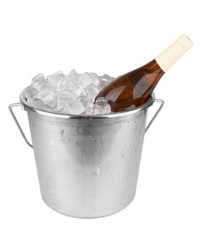 White wine bottle in cold ice bucket isolated on white 