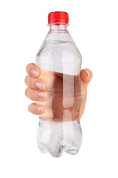 Woman holding a bottle of water isolated on white background 