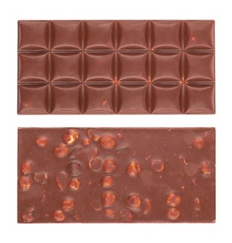 Milk chocolate bars with nuts isolated on white background