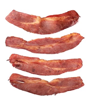 cooked slices of bacon isolated on white background