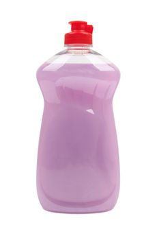 Full bottle of purple dish washing liquid isolated on white